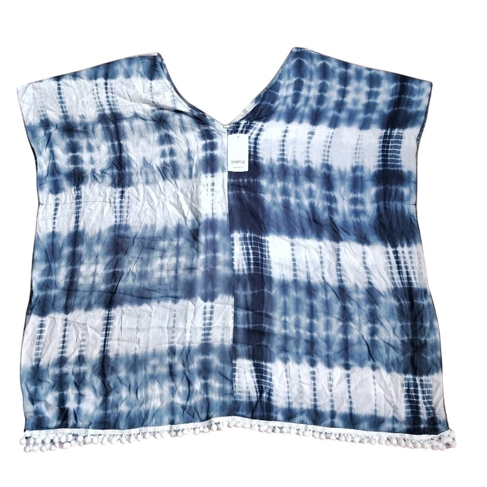 Suzanne Betro Poncho Tunic Womens Small Blue White NEW Tie Dye Pom Pom Top